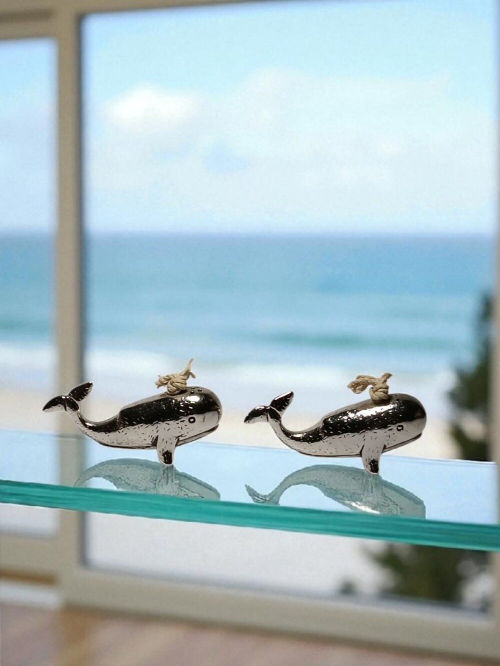 Buluga Whale Salt Pepper Shakers Silver Tone Metal String Spout Nautical Dining